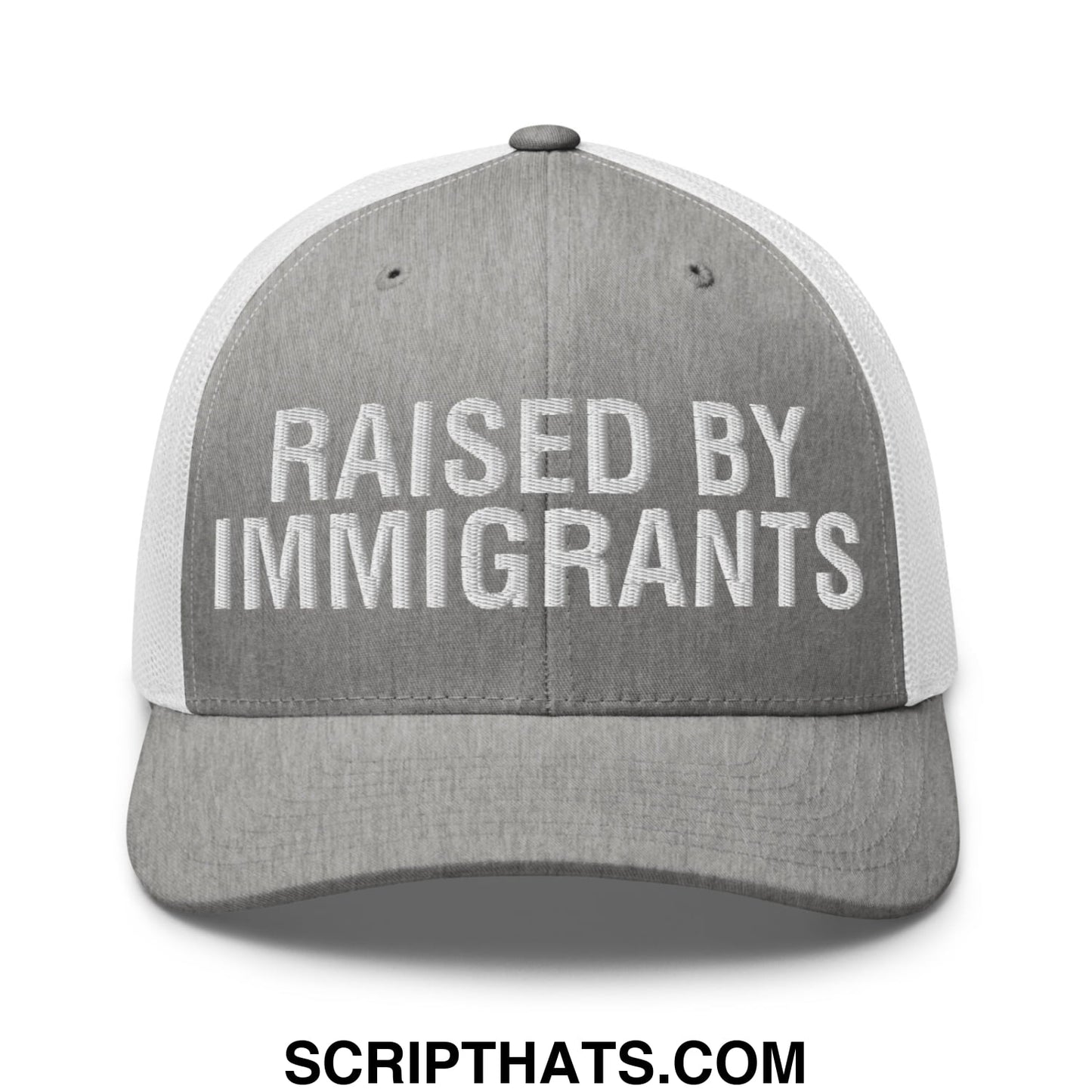 Raised By Immigrants Embroidered Mesh Trucker Hat Heather Grey White