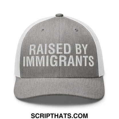 Raised By Immigrants Embroidered Mesh Trucker Hat Heather Grey White