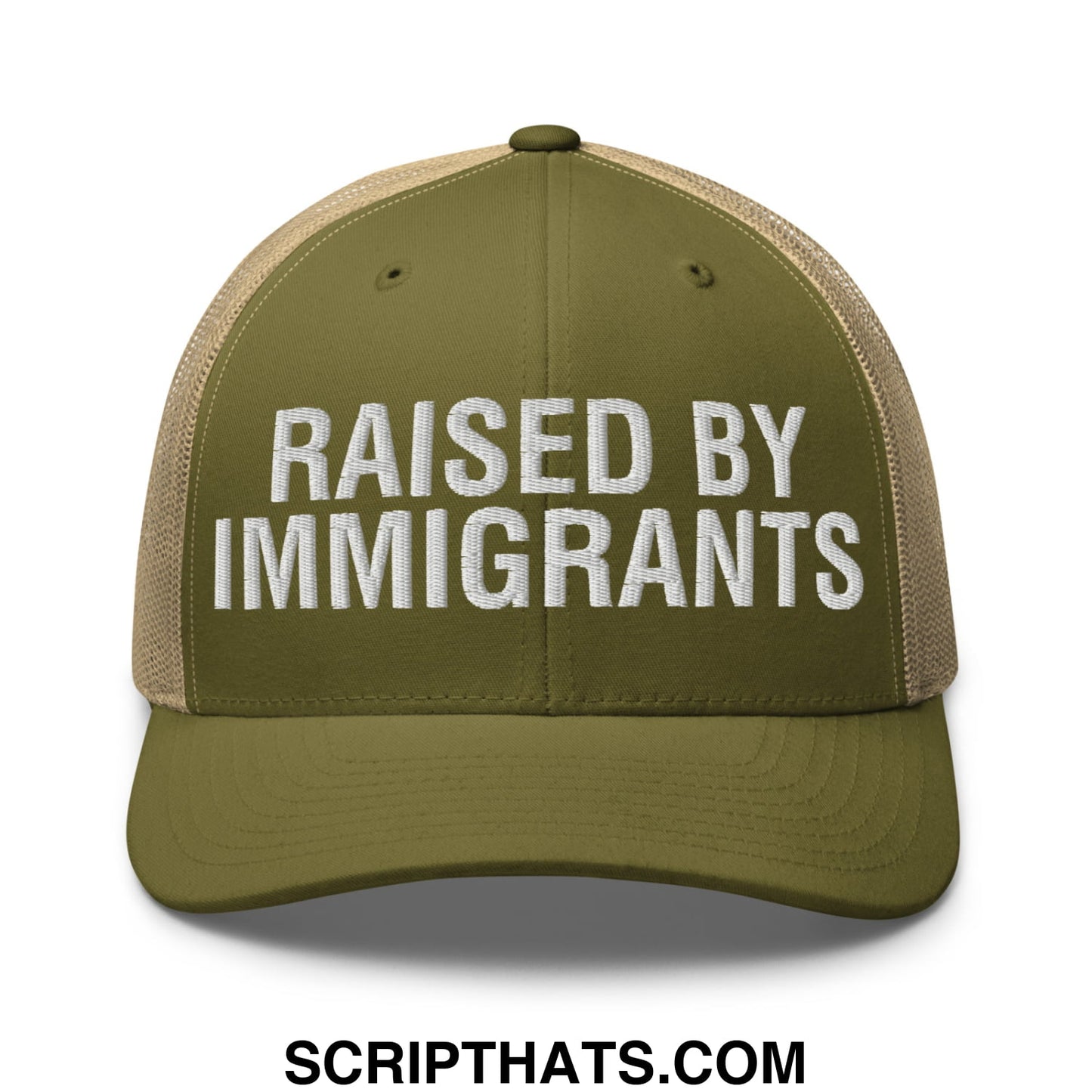 Raised By Immigrants Embroidered Mesh Trucker Hat Moss Khaki
