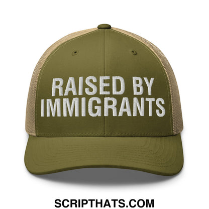 Raised By Immigrants Embroidered Mesh Trucker Hat Moss Khaki