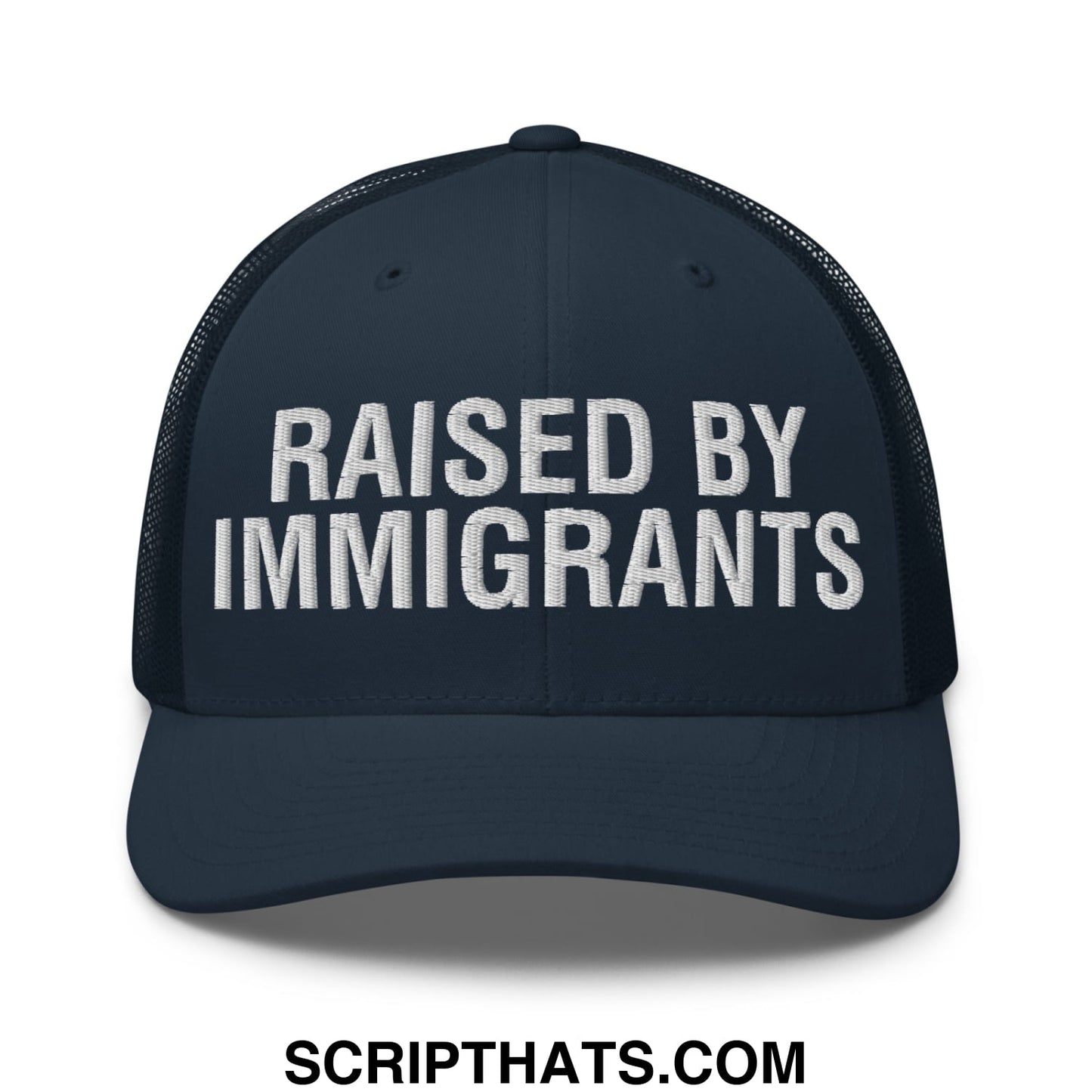 Raised By Immigrants Embroidered Mesh Trucker Hat Navy