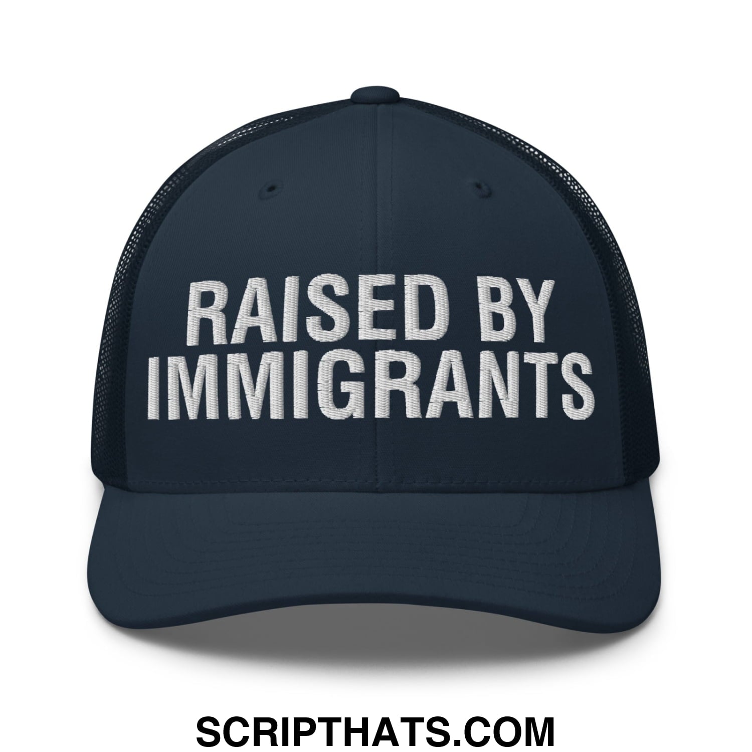 Raised By Immigrants Embroidered Mesh Trucker Hat Navy