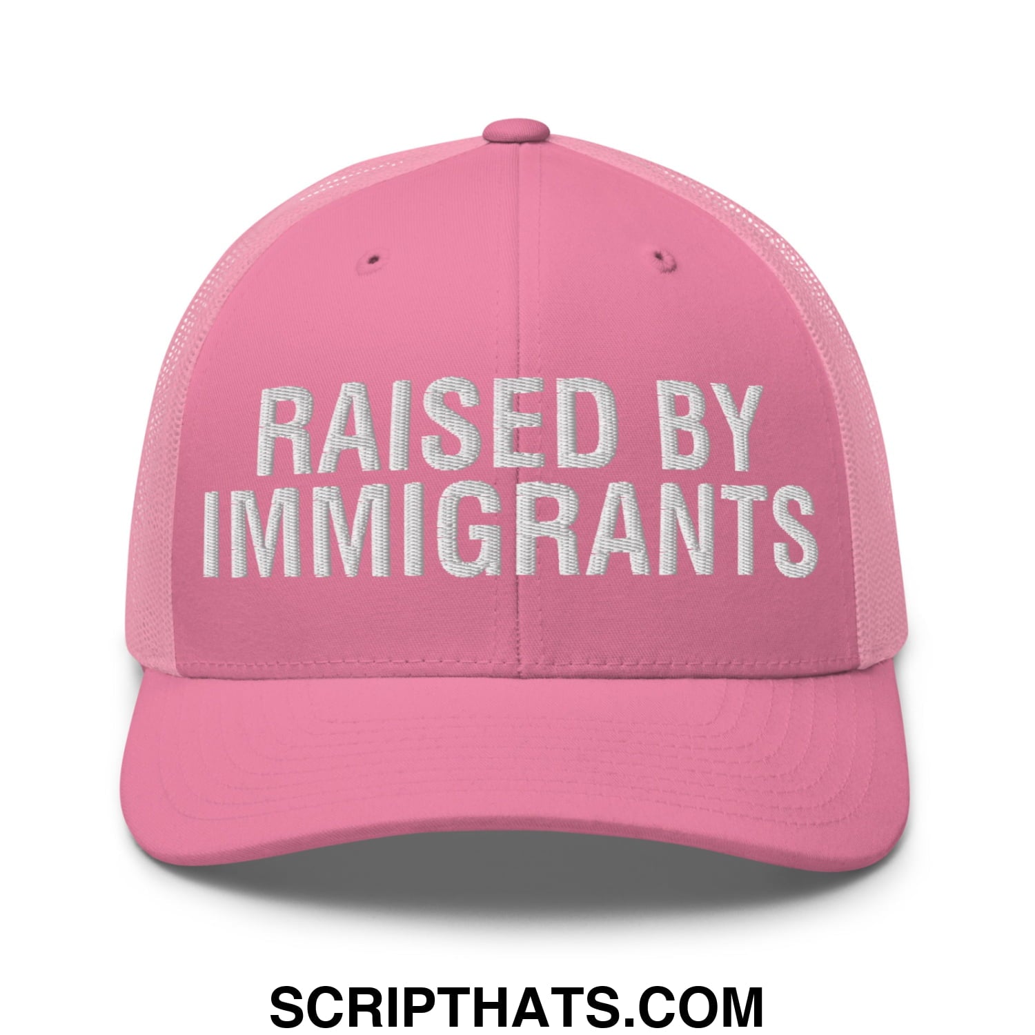 Raised By Immigrants Embroidered Mesh Trucker Hat Pink