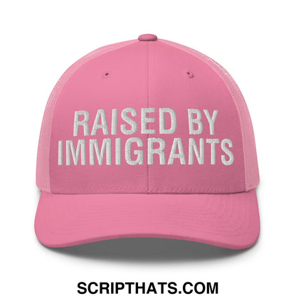 Raised By Immigrants Embroidered Mesh Trucker Hat Pink