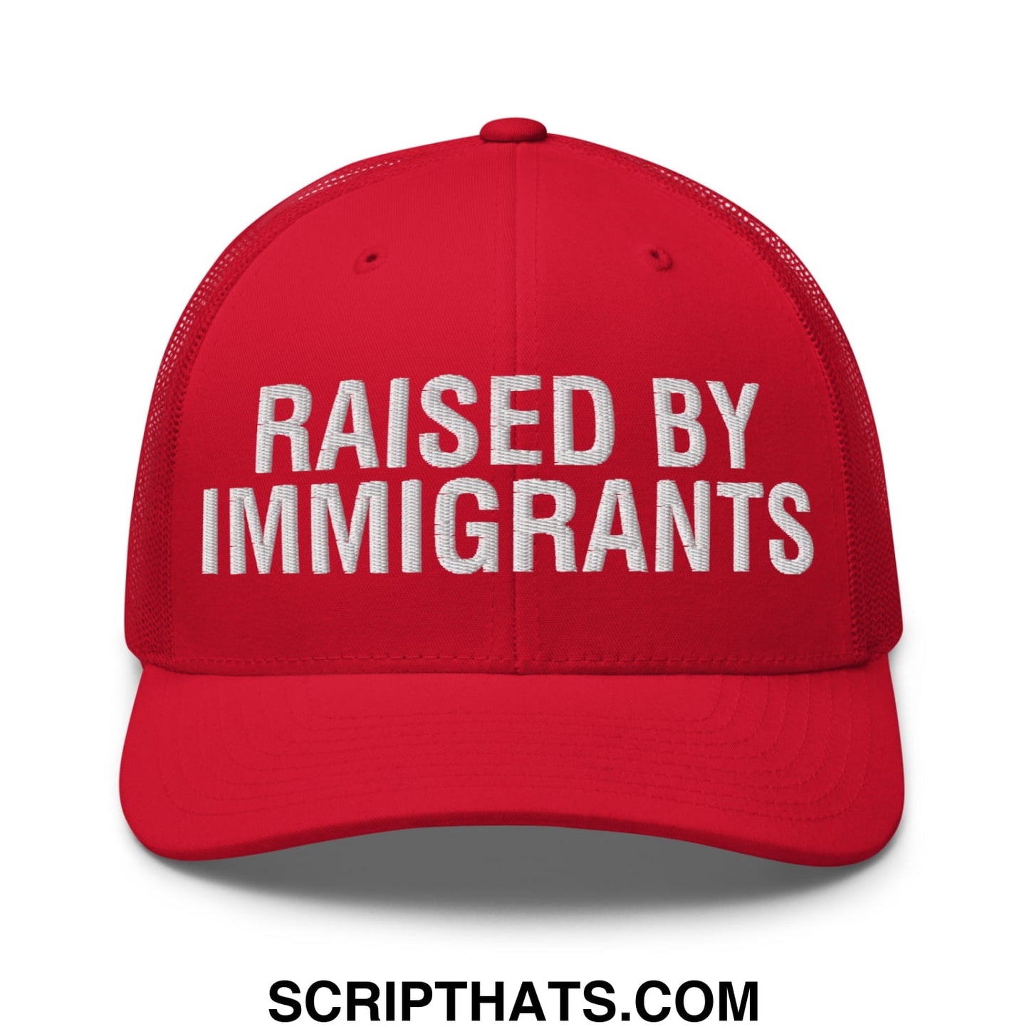 Raised By Immigrants Embroidered Mesh Trucker Hat Red