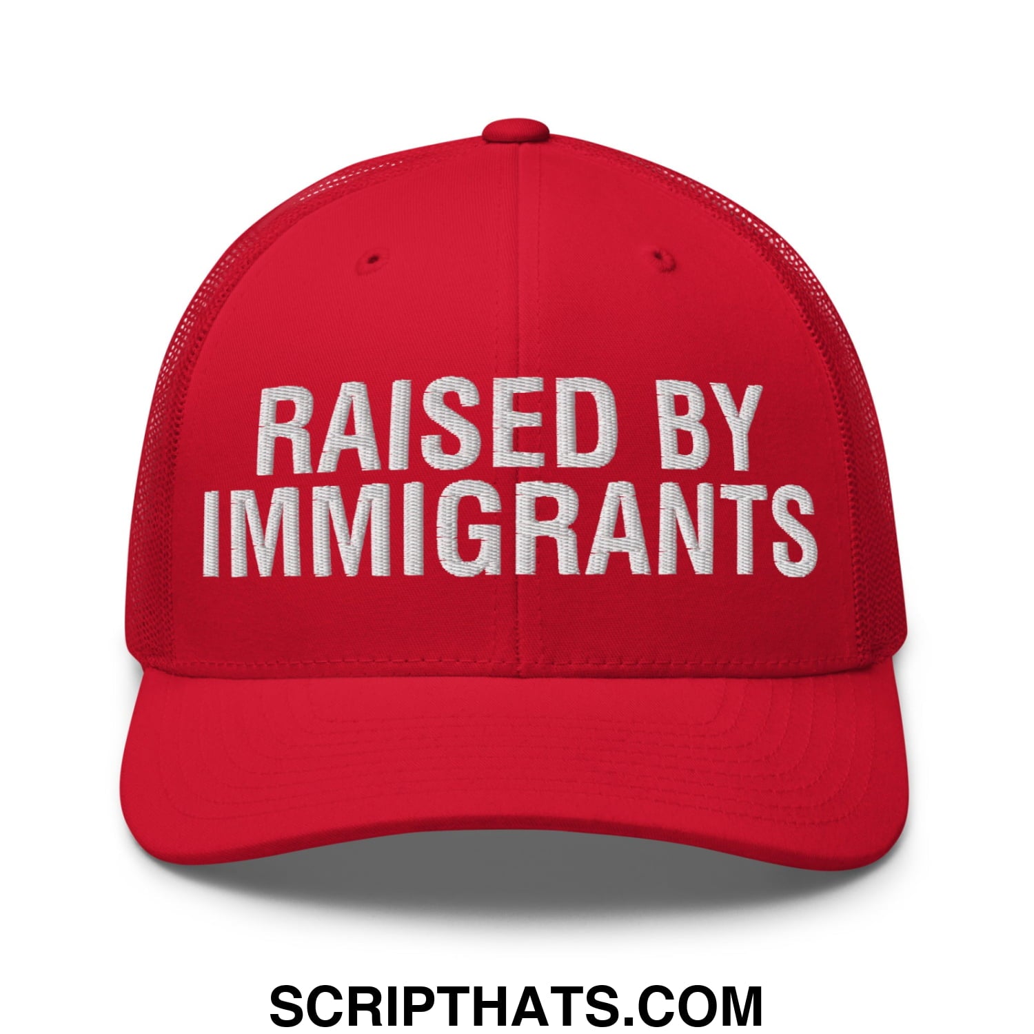 Raised By Immigrants Embroidered Mesh Trucker Hat Red