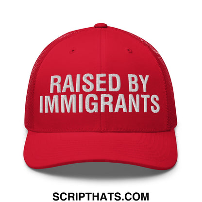 Raised By Immigrants Embroidered Mesh Trucker Hat Red