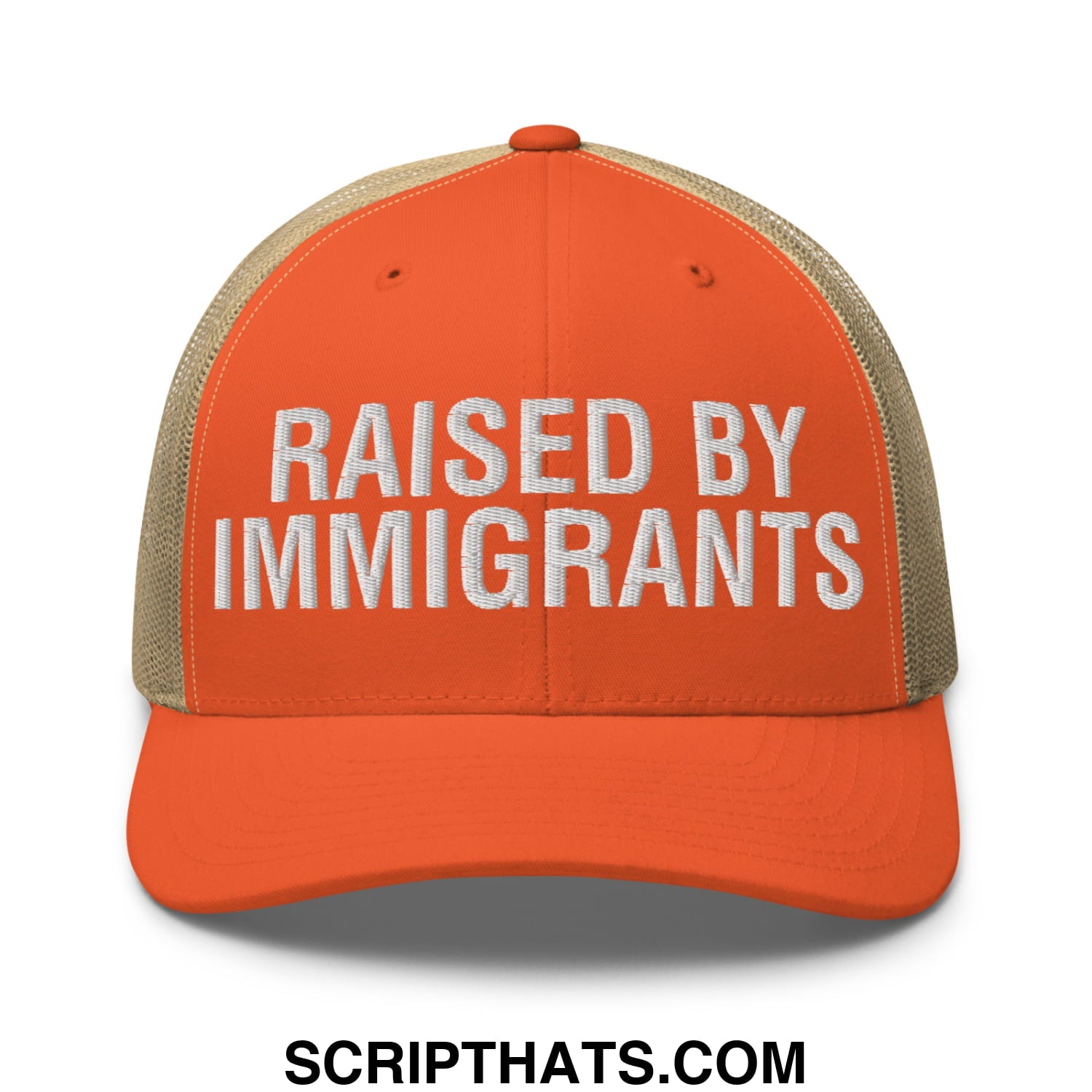 Raised By Immigrants Embroidered Mesh Trucker Hat Rustic Orange Khaki