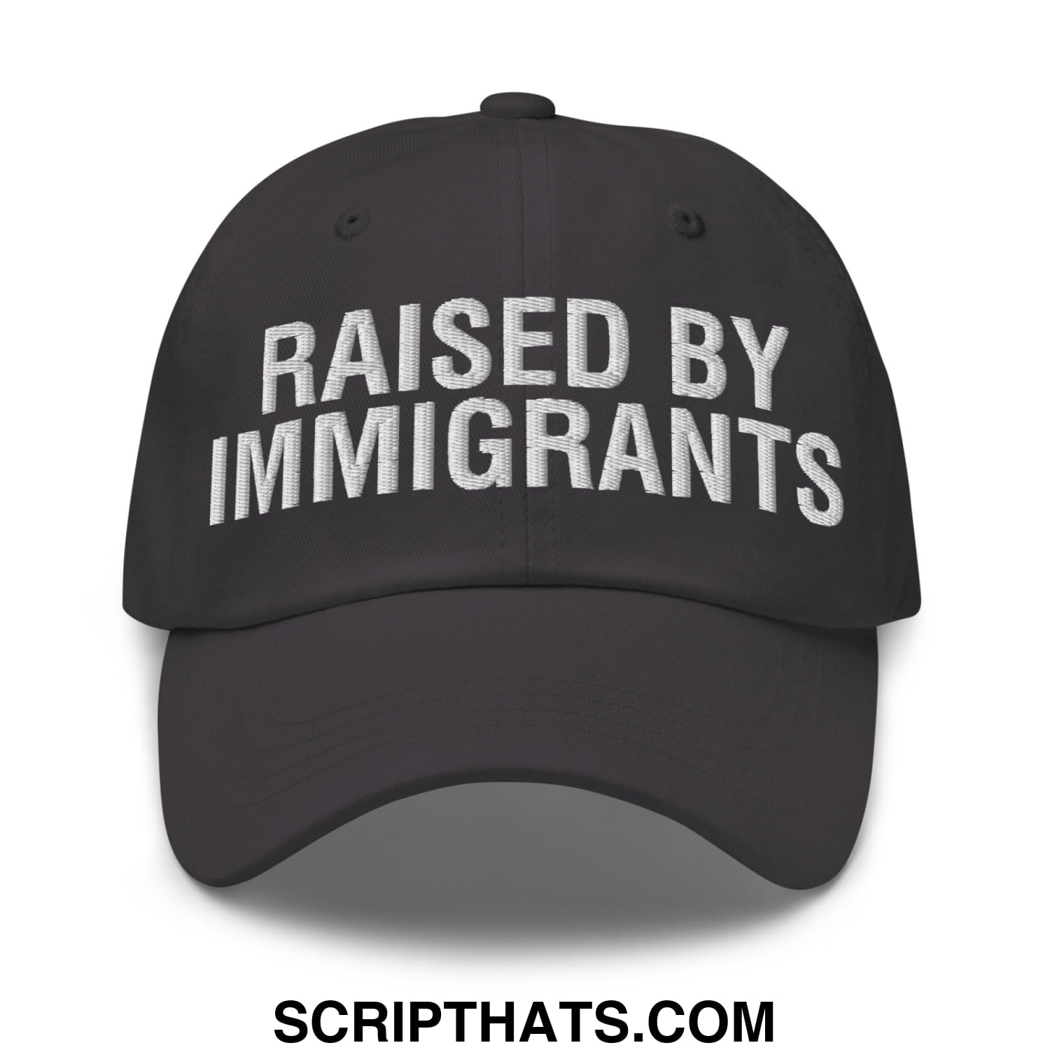 Raised By Immigrants Embroidered Unstructured Dad Hat Dark Grey