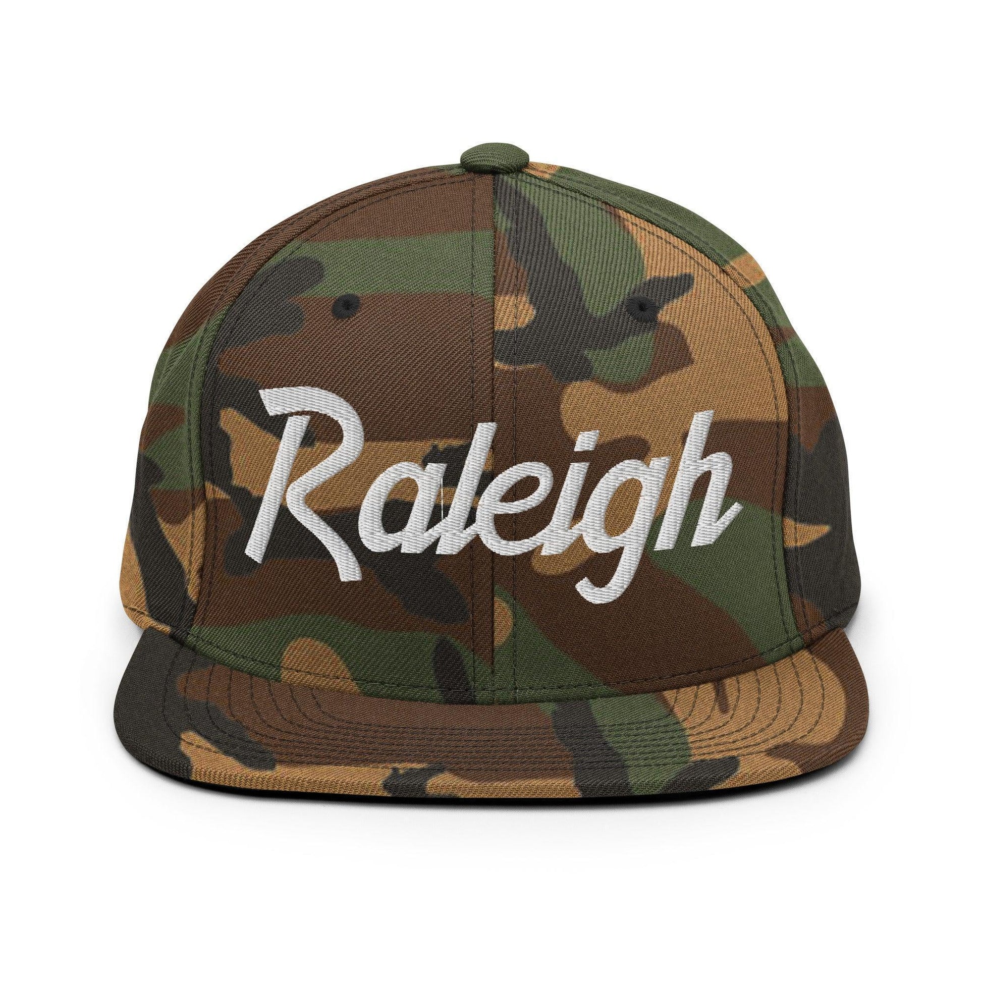 Raleigh Script Snapback Hat Green Camo