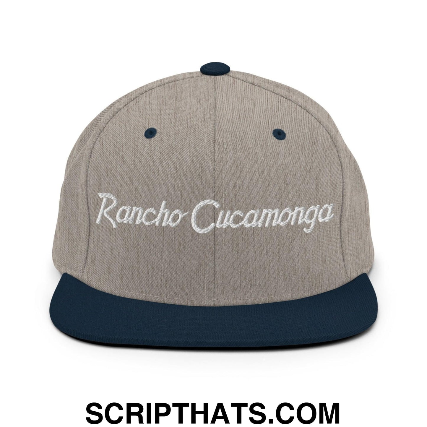 Rancho Cucamonga Script Snapback Hat Heather Grey Navy
