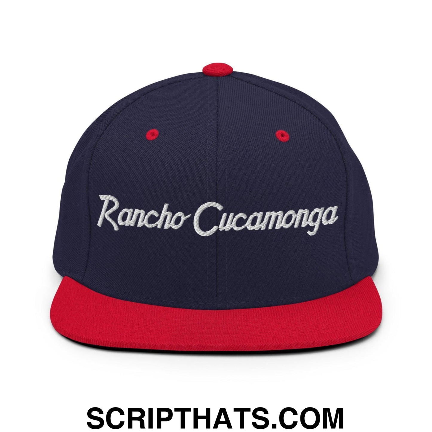 Rancho Cucamonga Script Snapback Hat Navy Red