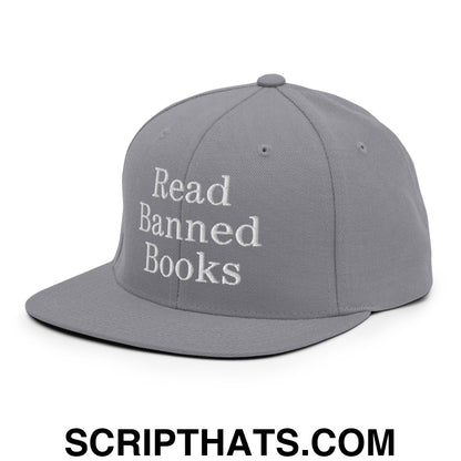 Read Banned Books Embroidered Flat Bill Brim Snapback Hat Silver