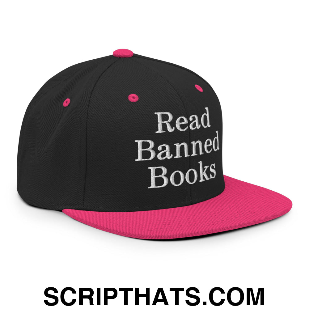 Read Banned Books Embroidered Flat Bill Brim Snapback Hat Black Neon Pink
