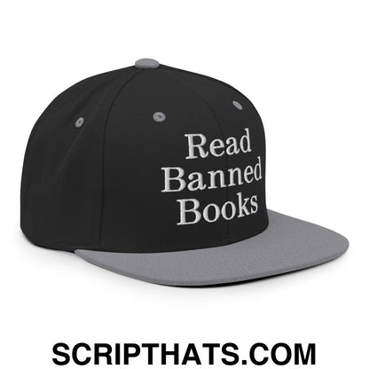 Read Banned Books Embroidered Flat Bill Brim Snapback Hat Black Silver