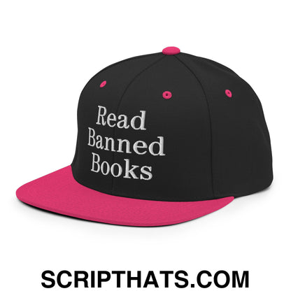 Read Banned Books Embroidered Flat Bill Brim Snapback Hat Black Neon Pink