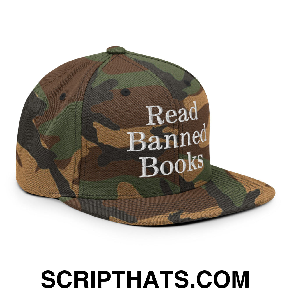 Read Banned Books Embroidered Flat Bill Brim Snapback Hat Green Camo