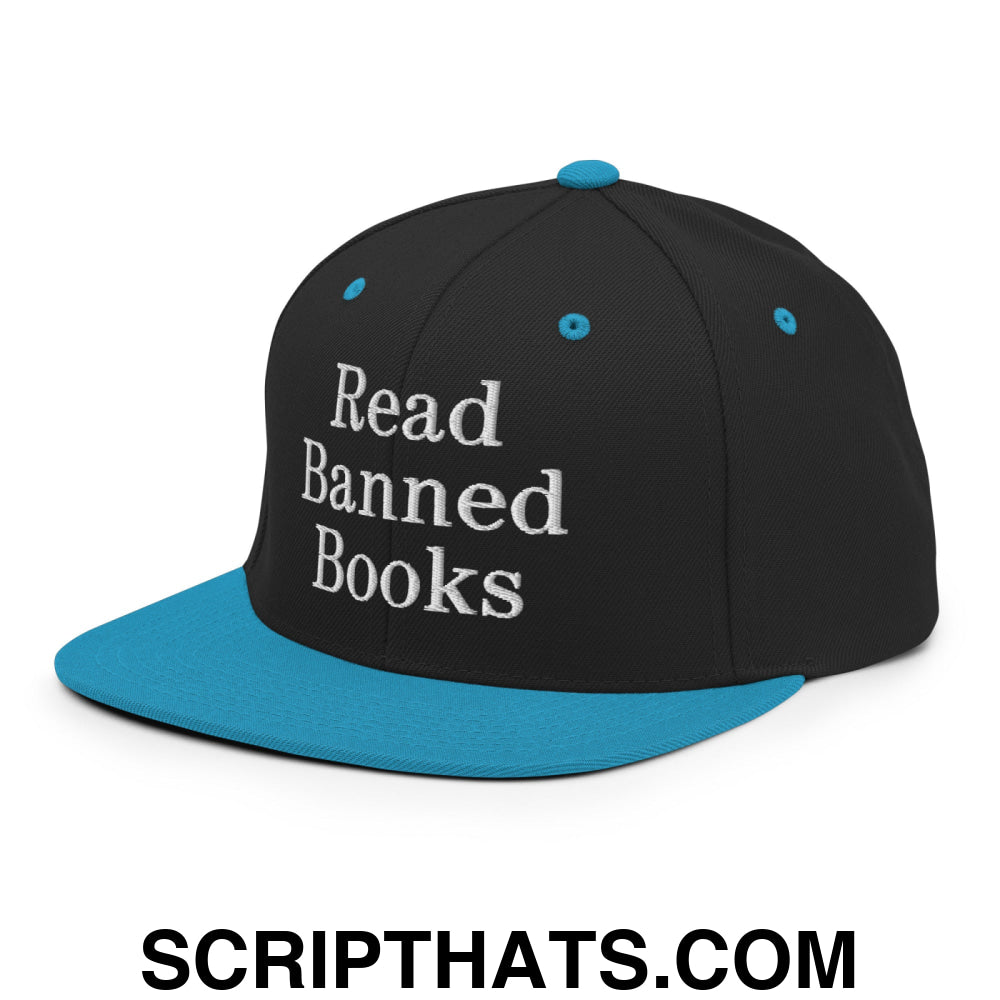 Read Banned Books Embroidered Flat Bill Brim Snapback Hat Black Teal