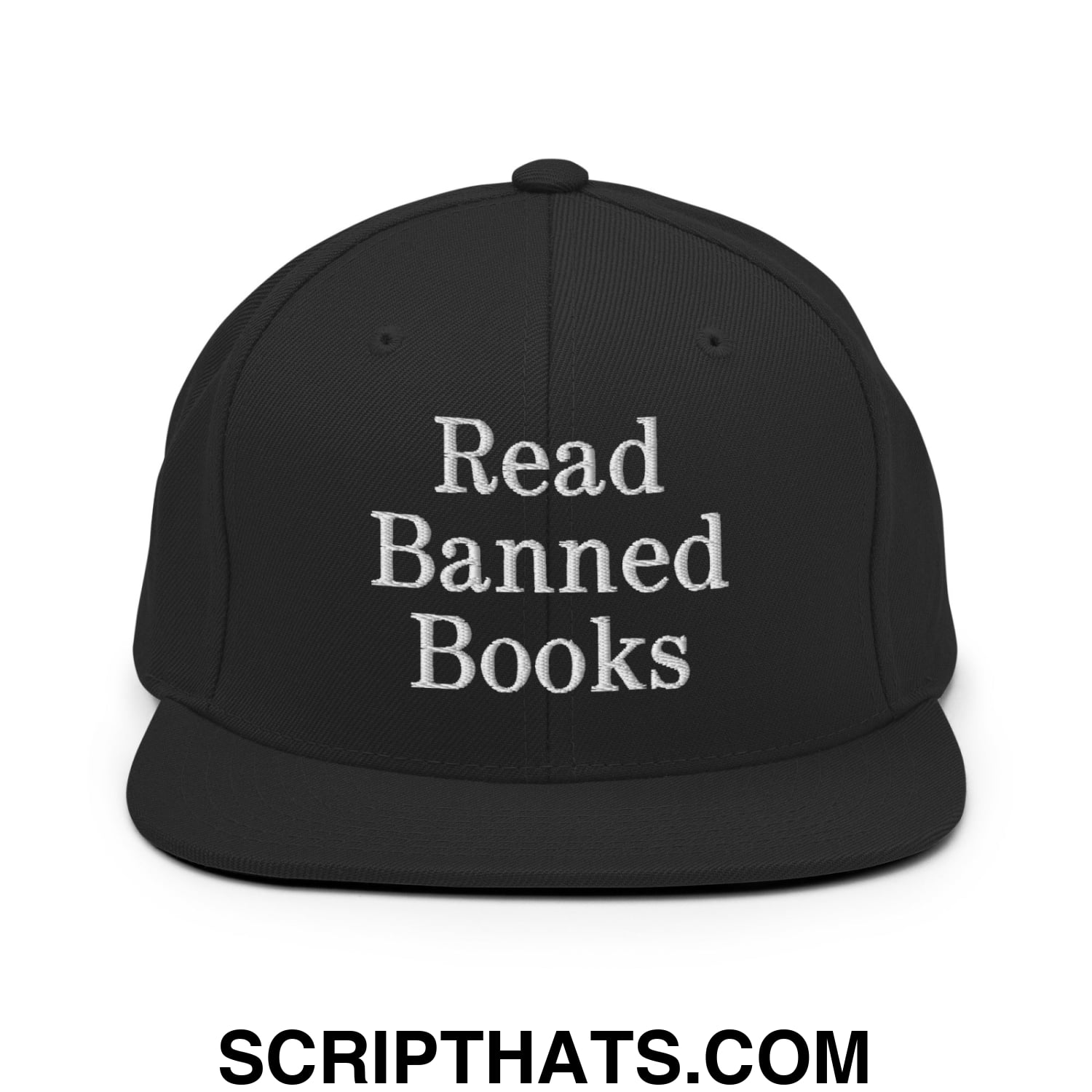 Black snapback hat with white embroidered read banned books text and flat bill brim for casual wear