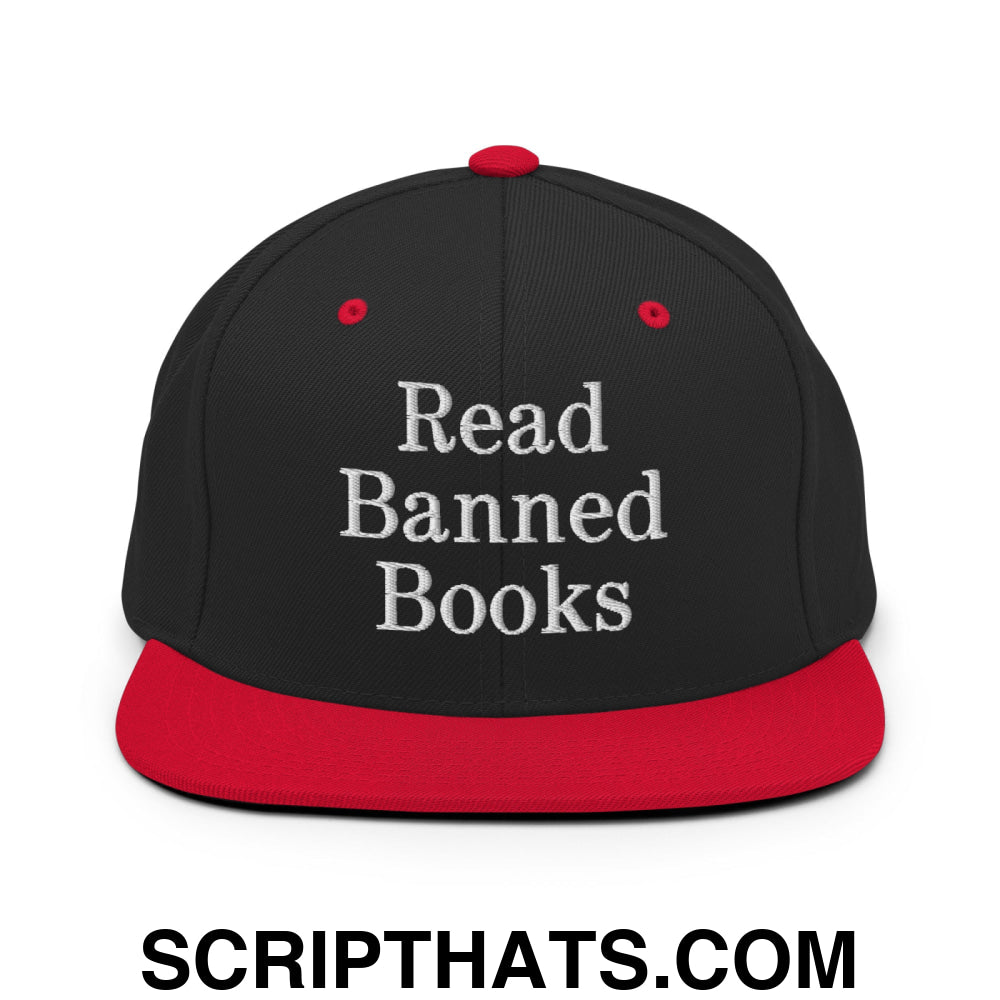Read Banned Books Embroidered Flat Bill Brim Snapback Hat Black Red