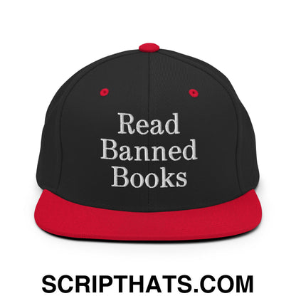 Read Banned Books Embroidered Flat Bill Brim Snapback Hat Black Red
