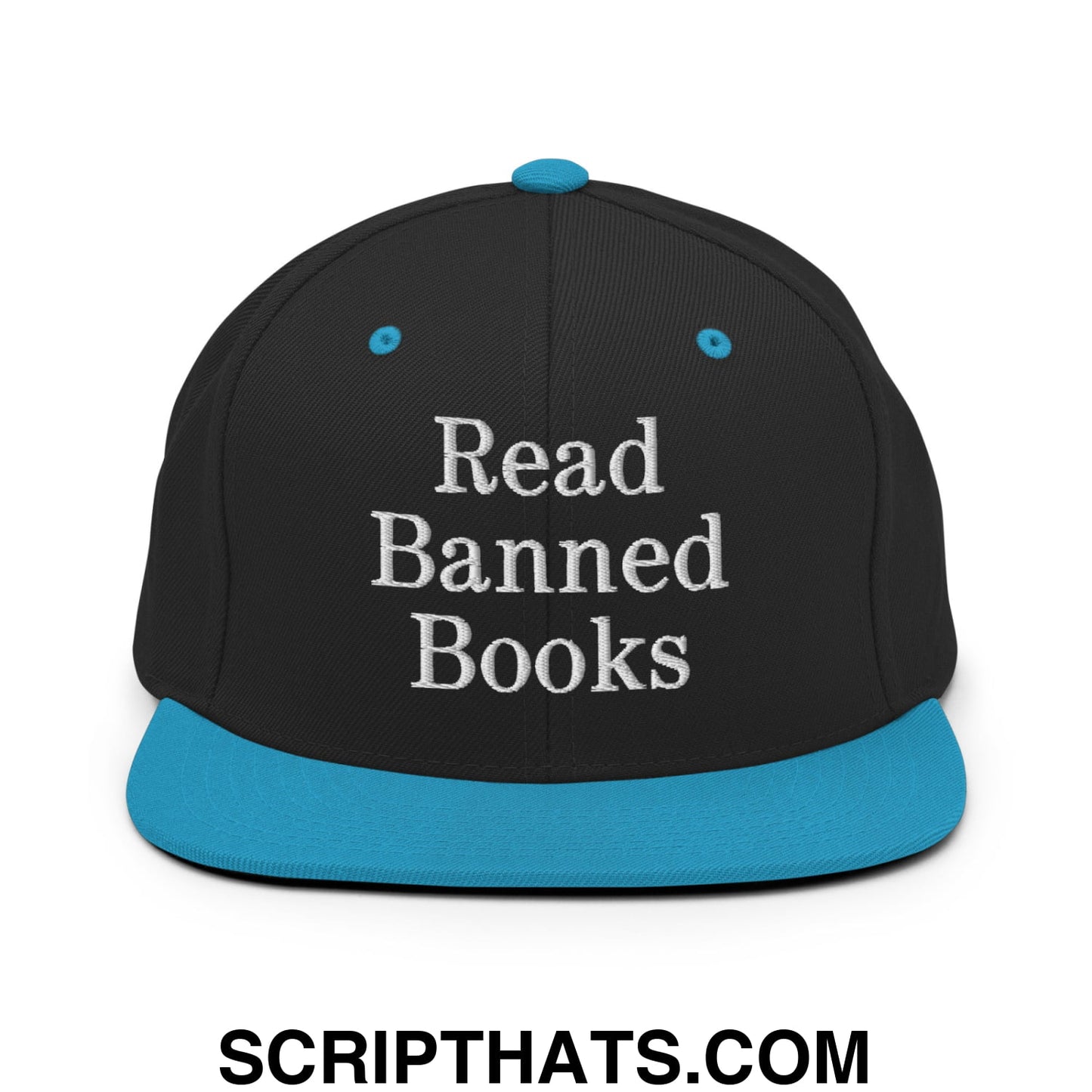 Black snapback hat with teal brim and white embroidered read banned books text for casual wear