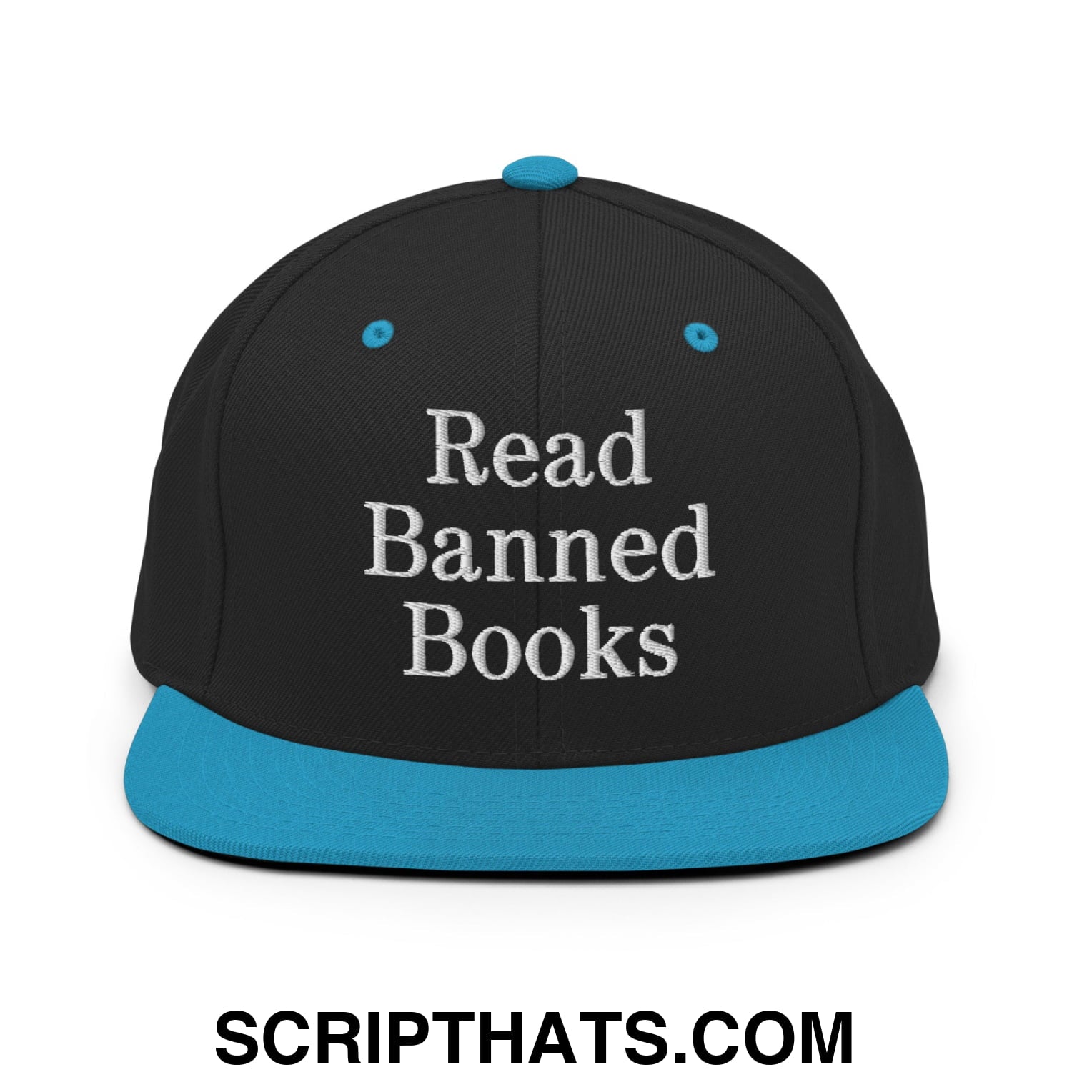 Black snapback hat with teal brim and white embroidered read banned books text for casual wear