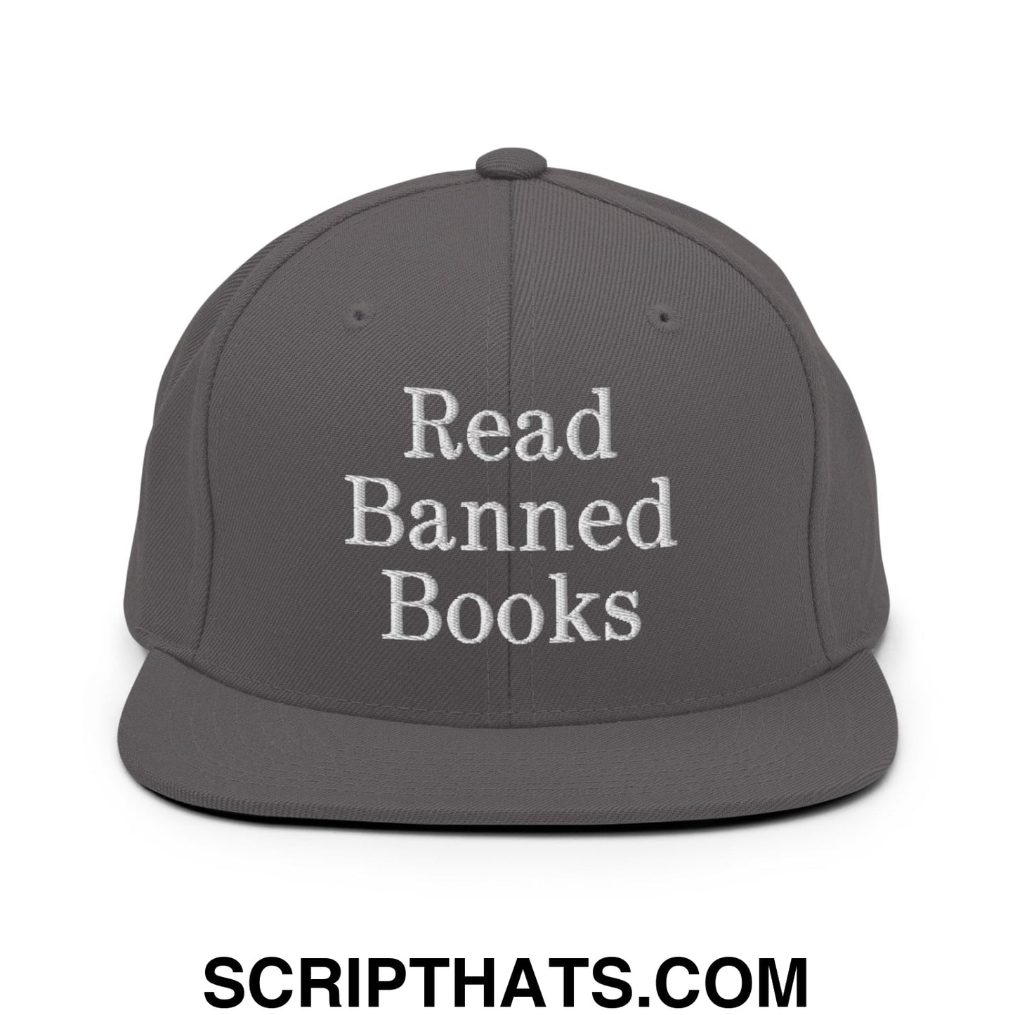 Gray snapback hat with white embroidered read banned books text and flat bill brim for casual wear