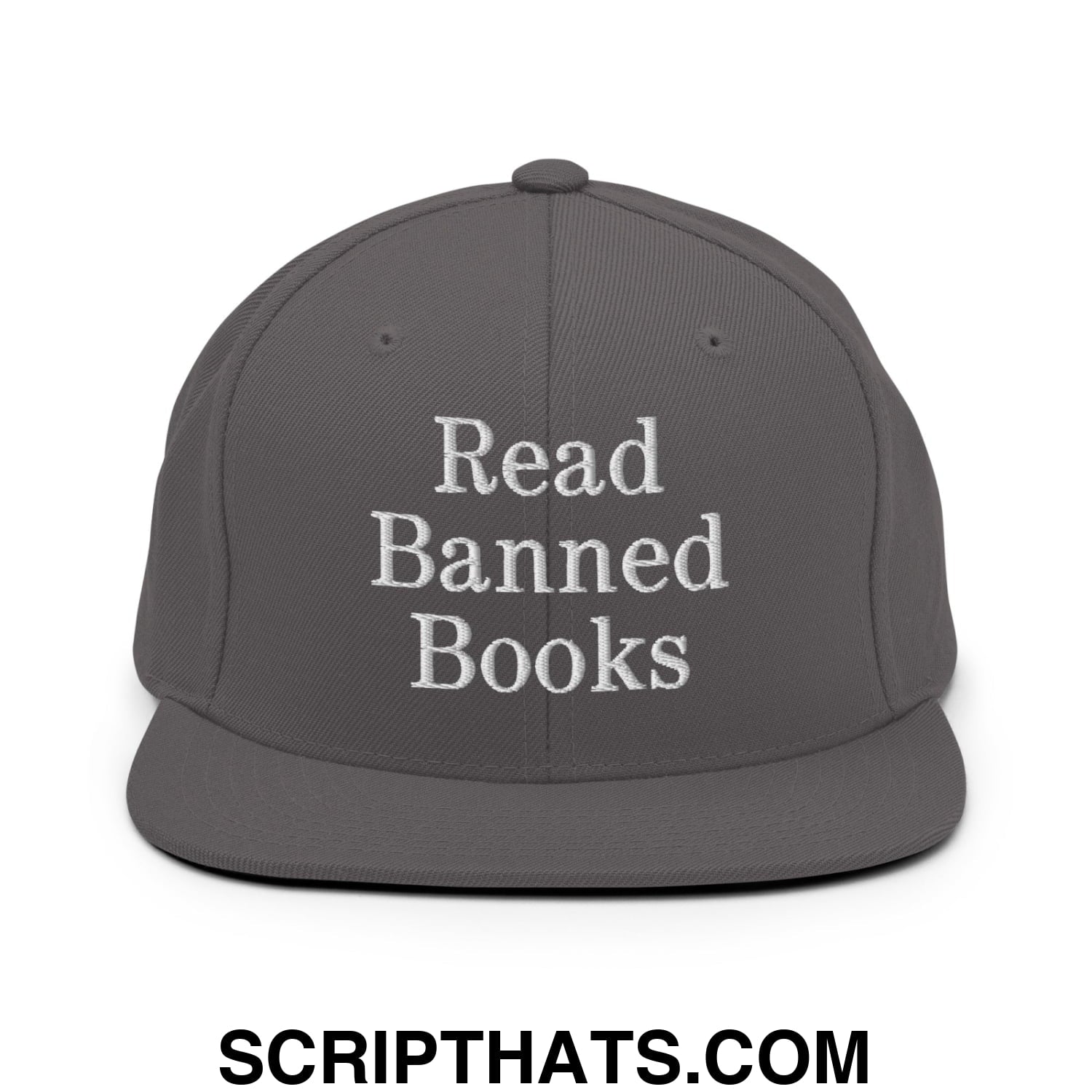 Gray snapback hat with white embroidered read banned books text and flat bill brim for casual wear