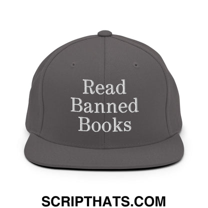 Gray snapback hat with white embroidered read banned books text and flat bill brim for casual wear