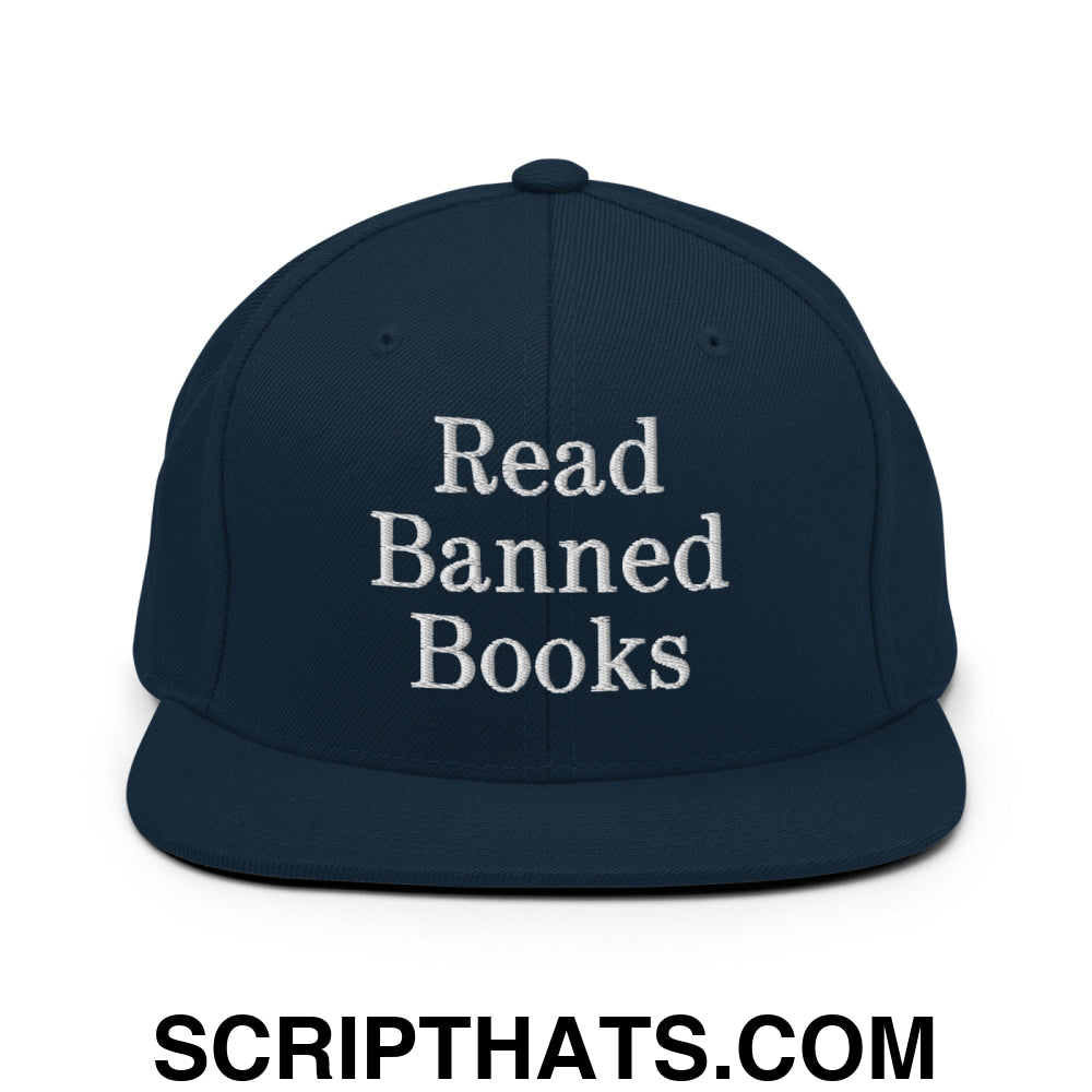Read Banned Books Embroidered Flat Bill Brim Snapback Hat Dark Navy