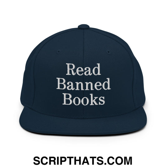 Read Banned Books Embroidered Flat Bill Brim Snapback Hat Dark Navy