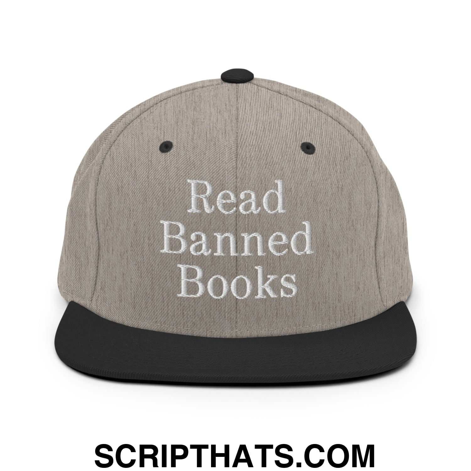 Gray snapback hat with black brim and embroidered white text read banned books flat bill brim design