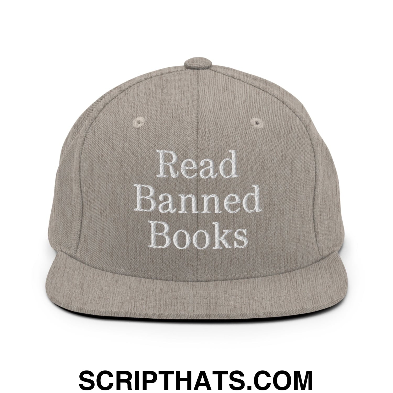 Gray snapback hat with white embroidered read banned books text and flat bill brim for casual wear