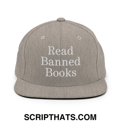 Gray snapback hat with white embroidered read banned books text and flat bill brim for casual wear