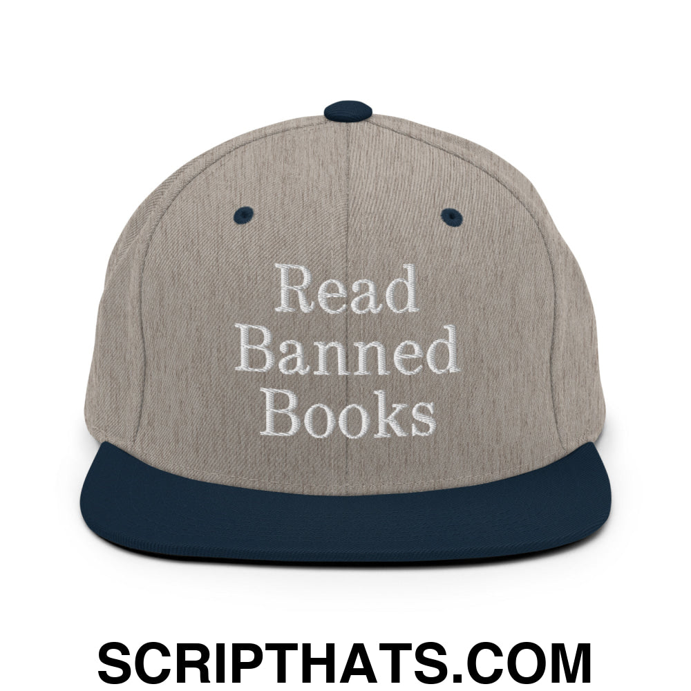 Read Banned Books Embroidered Flat Bill Brim Snapback Hat Heather Grey Navy