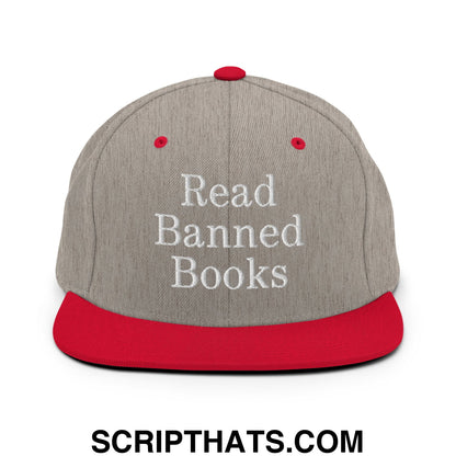 Gray and red snapback cap with white embroidered read banned books text and flat bill brim for casual wear