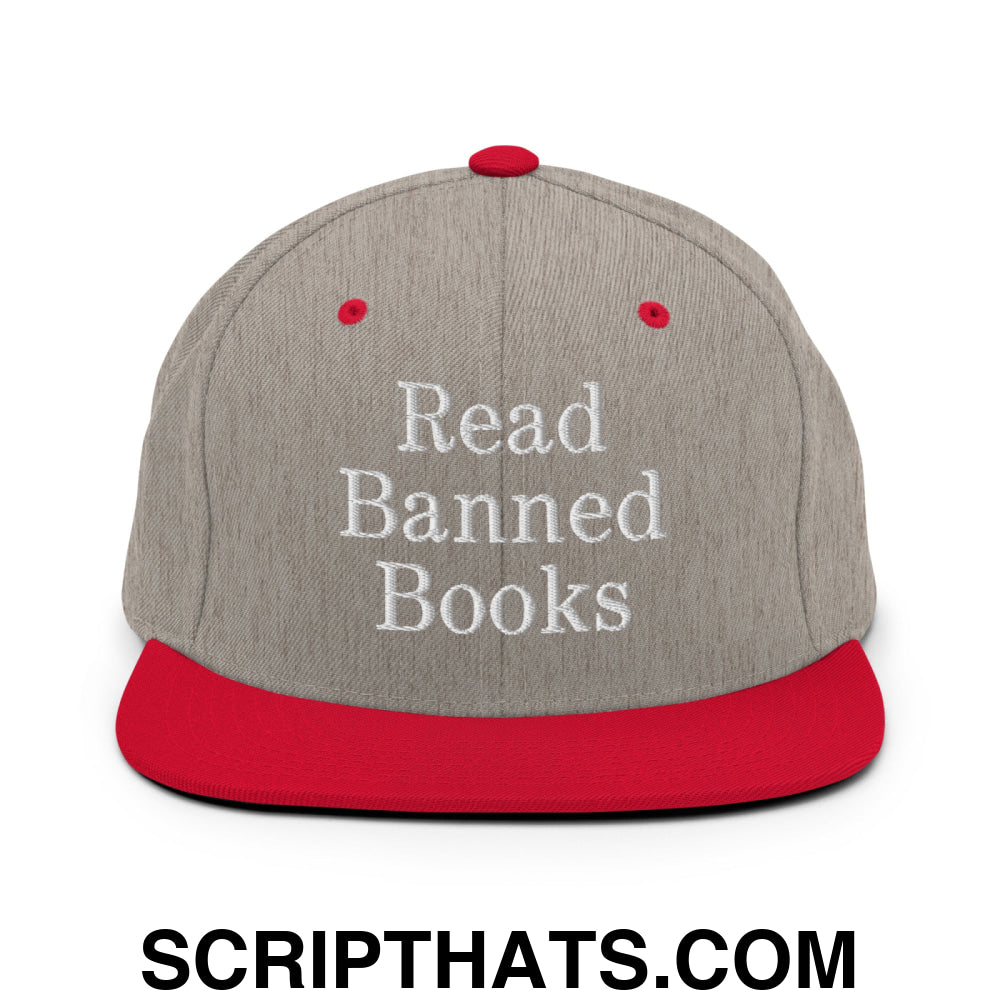 Read Banned Books Embroidered Flat Bill Brim Snapback Hat Heather Grey Red