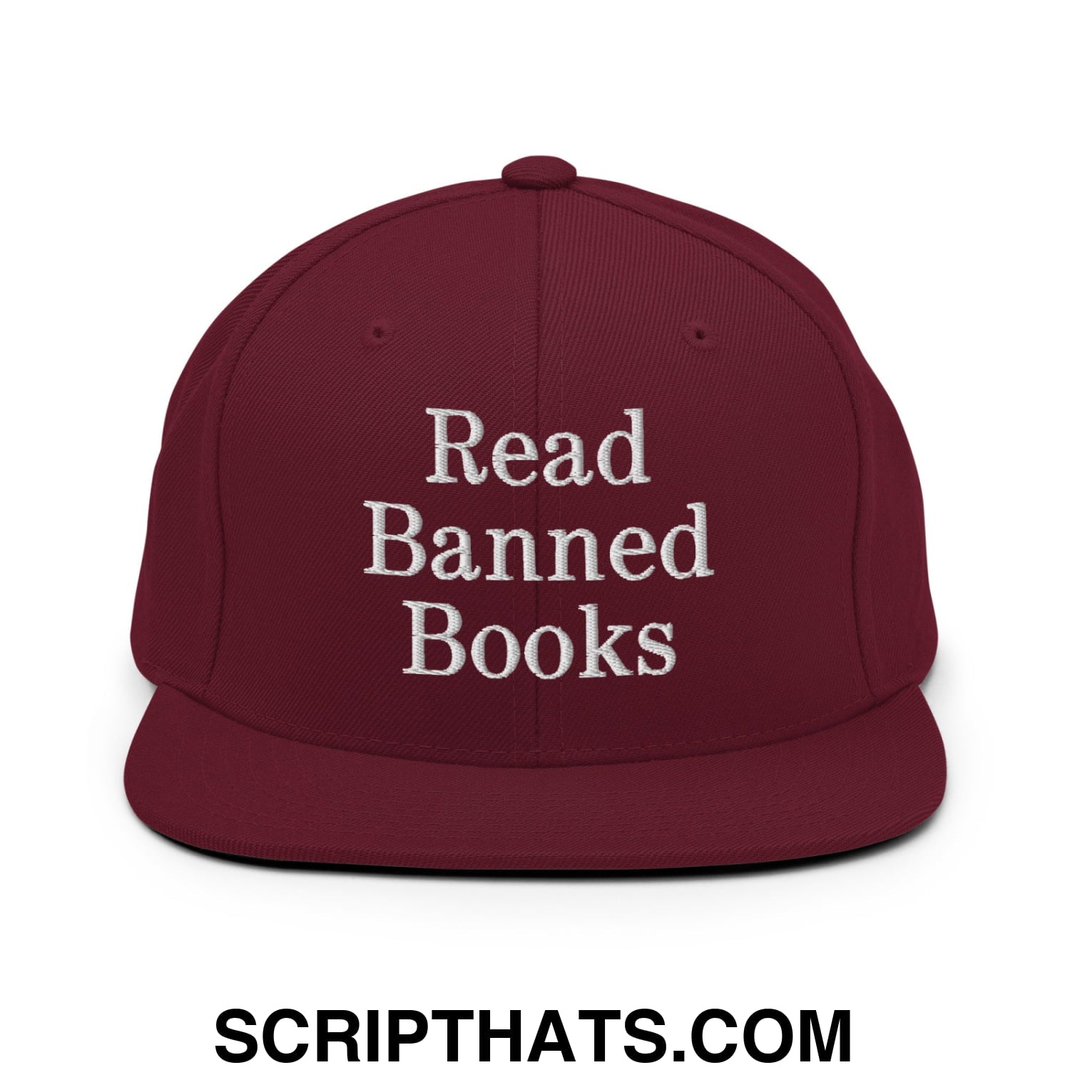 Maroon snapback hat with white embroidered read banned books text and flat bill brim for casual wear