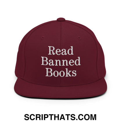 Maroon snapback hat with white embroidered read banned books text and flat bill brim for casual wear