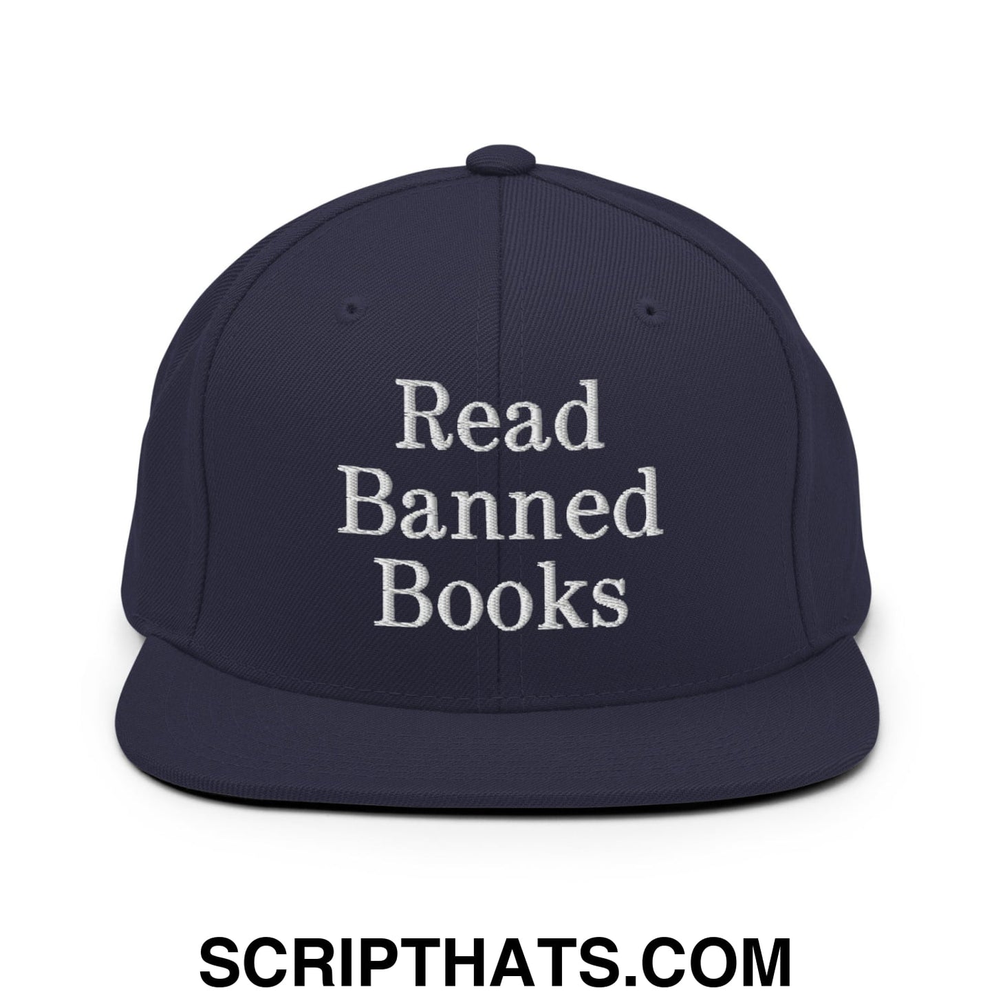 Navy blue snapback hat with white embroidered read banned books text and flat bill brim for casual wear