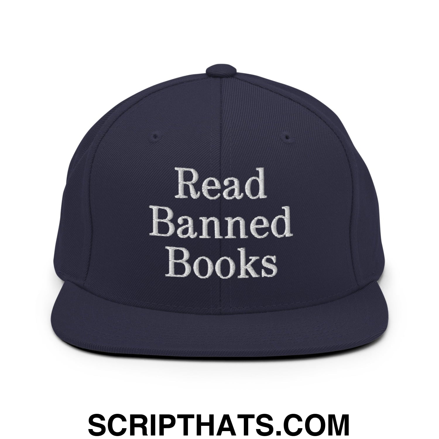 Navy blue snapback hat with white embroidered read banned books text and flat bill brim for casual wear