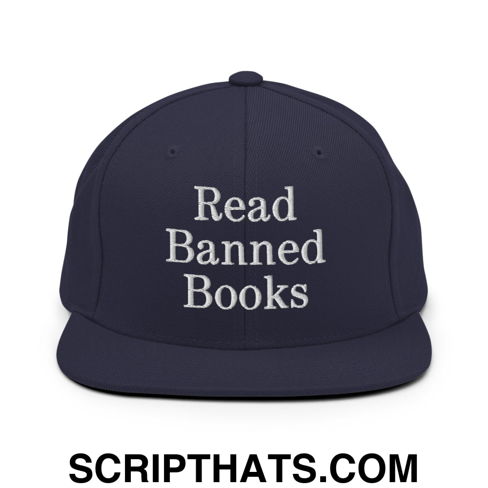 Read Banned Books Embroidered Flat Bill Brim Snapback Hat Navy