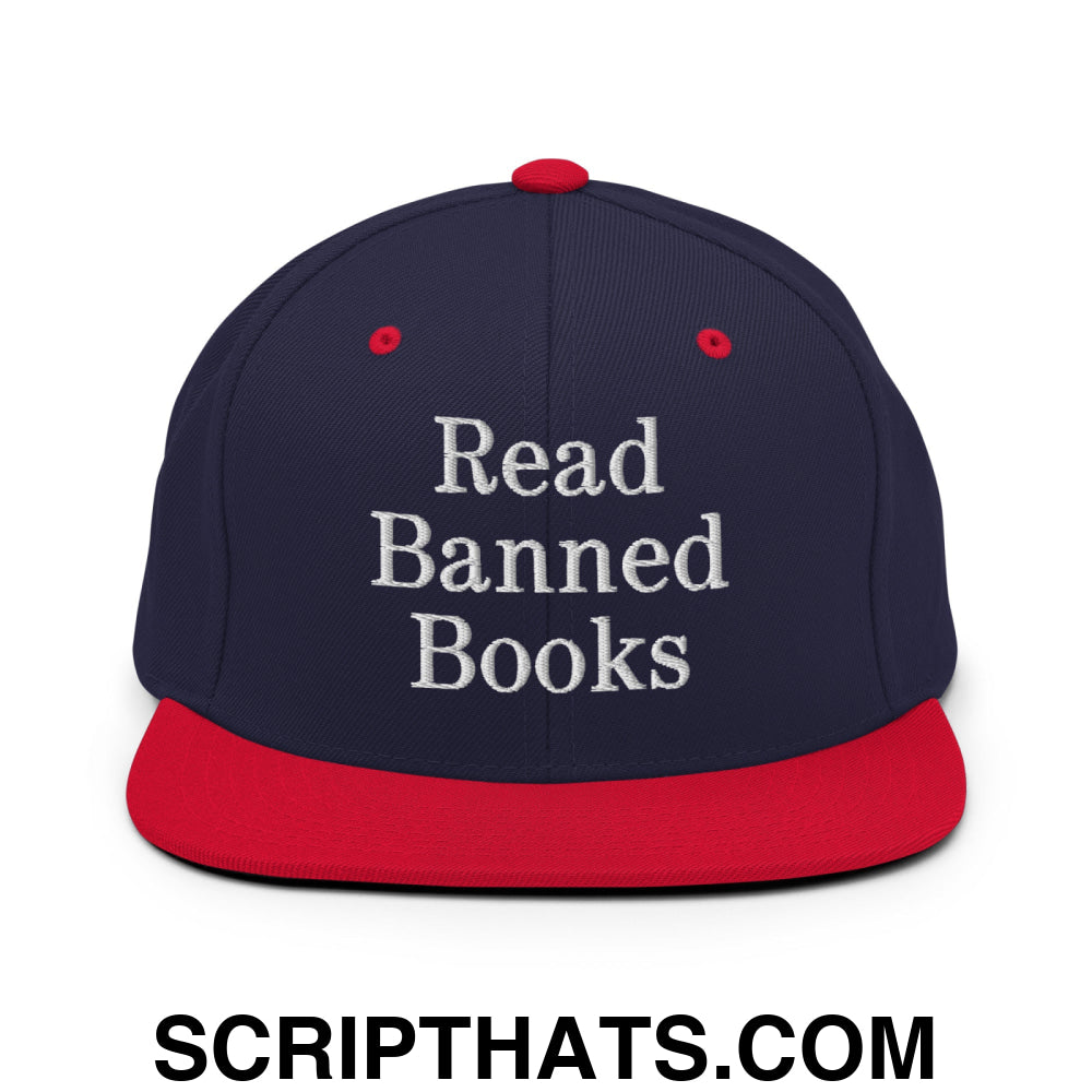 Read Banned Books Embroidered Flat Bill Brim Snapback Hat Navy Red
