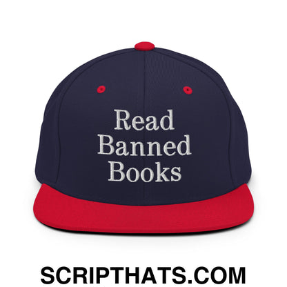 Read Banned Books Embroidered Flat Bill Brim Snapback Hat Navy Red