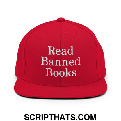 Red snapback hat with white embroidered read banned books text and flat bill brim for casual wear