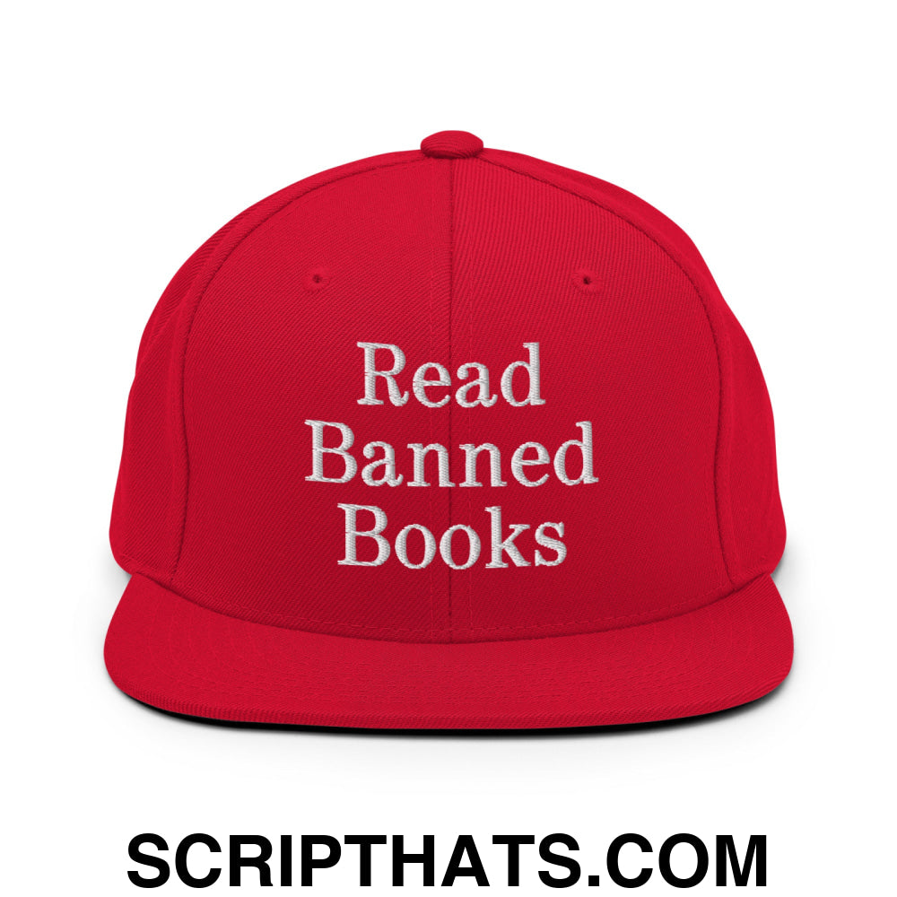Read Banned Books Embroidered Flat Bill Brim Snapback Hat Red