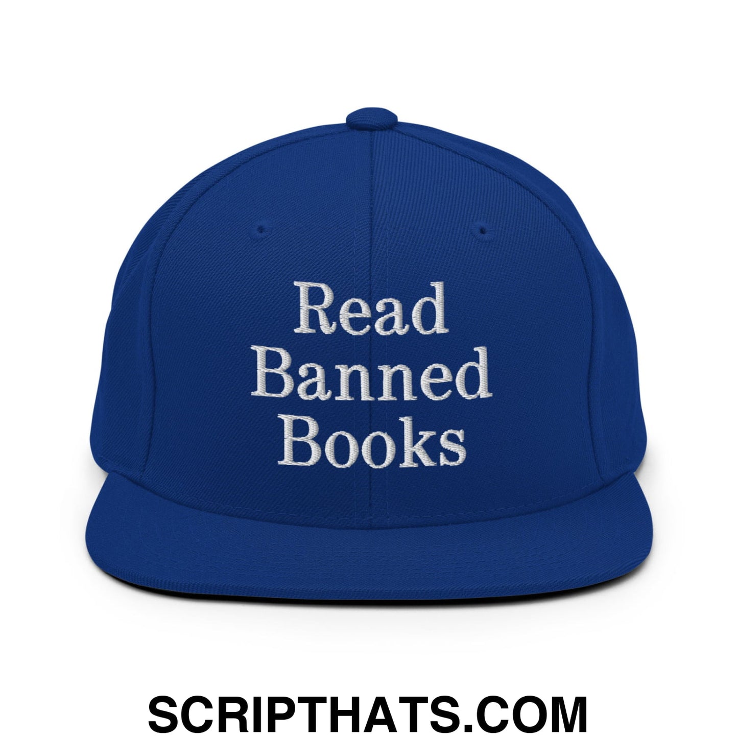 Royal blue snapback hat with white embroidered read banned books text and flat bill brim for casual wear