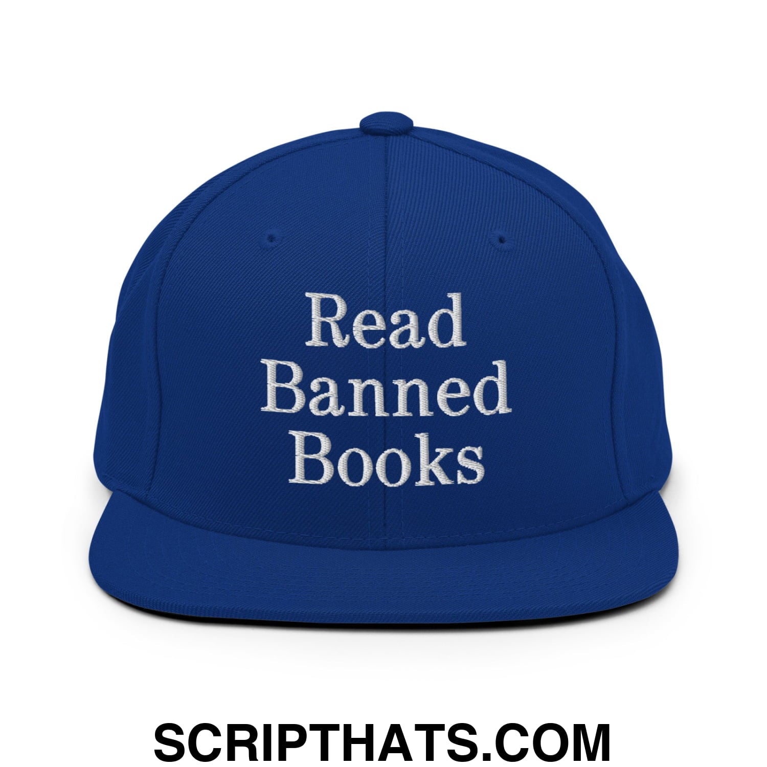 Royal blue snapback hat with white embroidered read banned books text and flat bill brim for casual wear