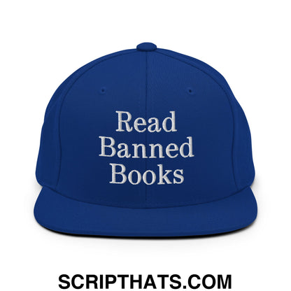 Royal blue snapback hat with white embroidered read banned books text and flat bill brim for casual wear